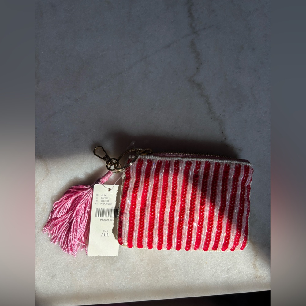 Anthropologie Fiona Beaded Bag Coin Card Charm Rose NWT Pink White - Picture 4 of 4